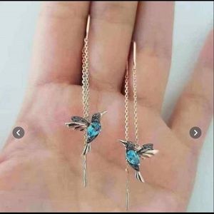 Gold plated 925 sterling silver Blue Zircon hummingbird threader earrings